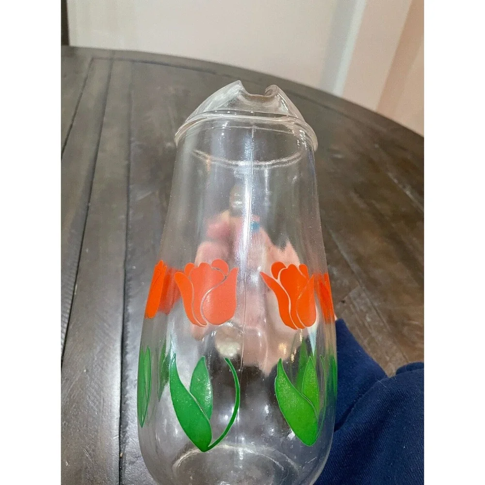 Vintage Red Tulip 1 Quart Glass‎ Pitcher Floral Juice Drink